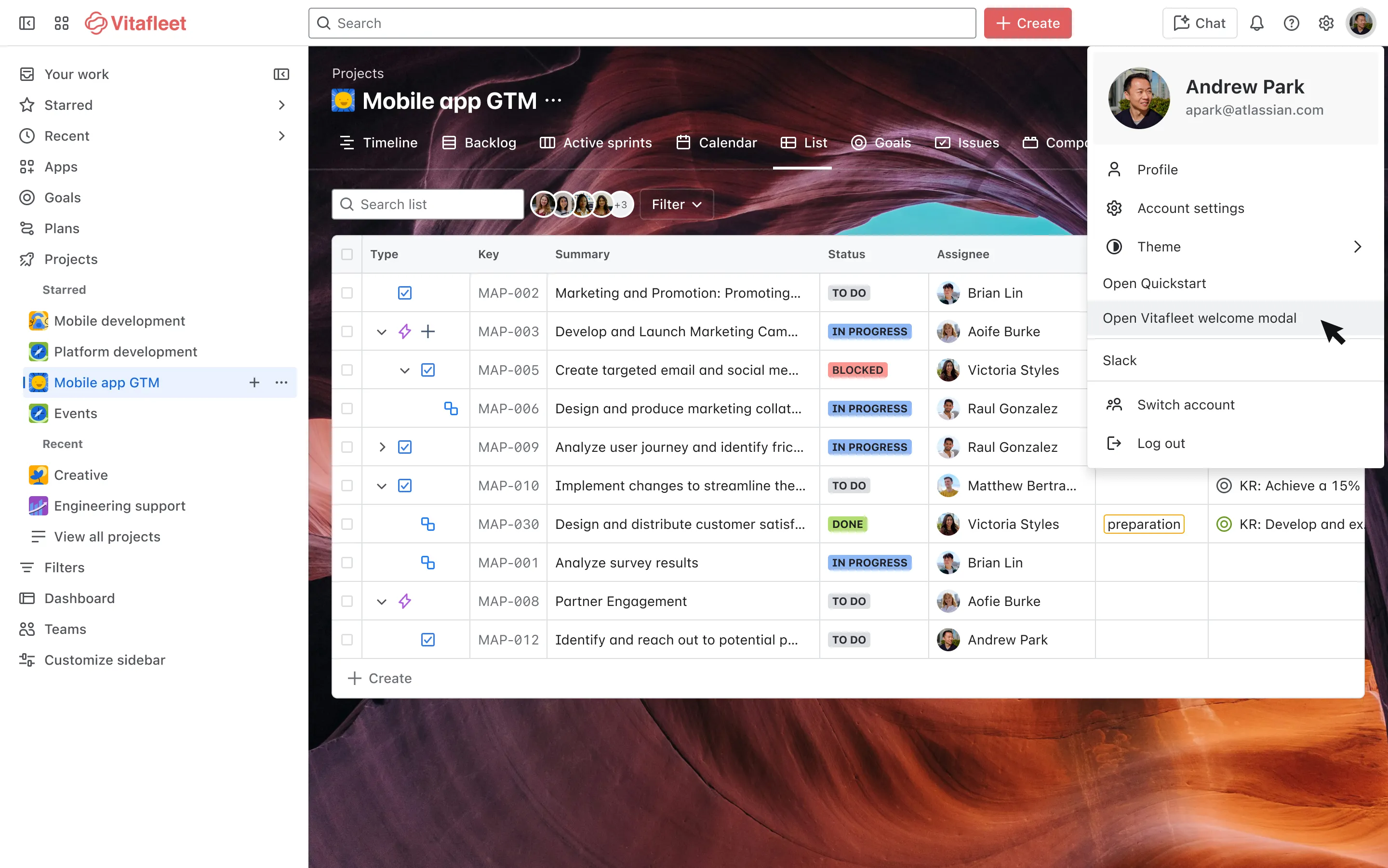 Jira project list view with welcome modal